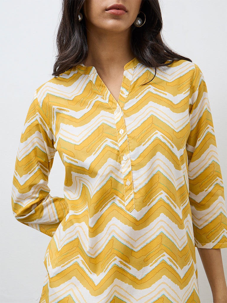 Utsa Yellow Chevron Printed Cotton Straight Kurta