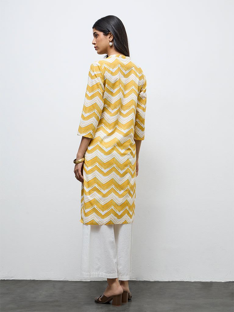 Utsa Yellow Chevron Printed Cotton Straight Kurta