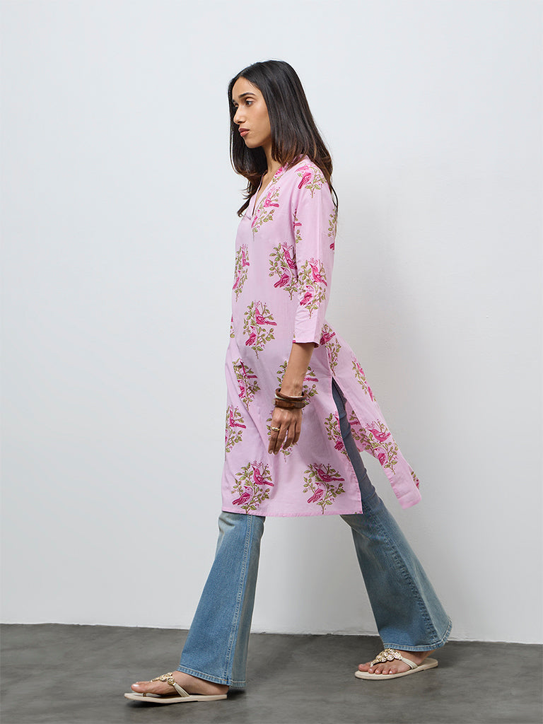 Utsa Pink Foliage Pattern Cotton Straight Kurta