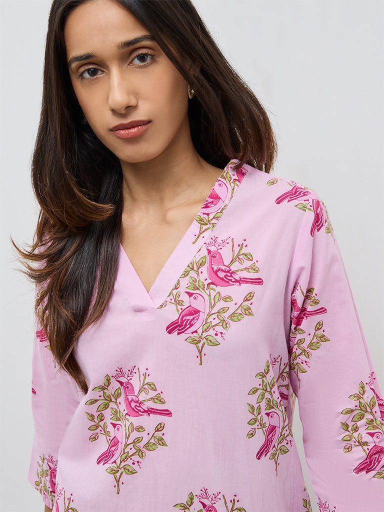 Utsa Pink Foliage Pattern Cotton Straight Kurta