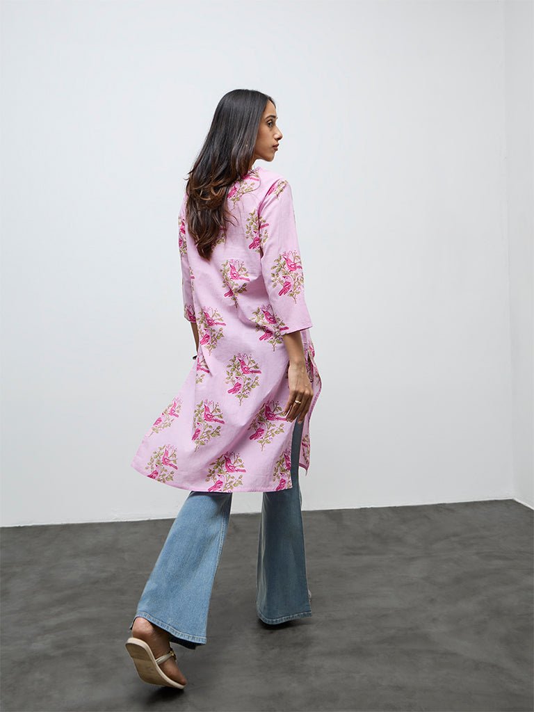 Utsa Pink Foliage Pattern Cotton Straight Kurta