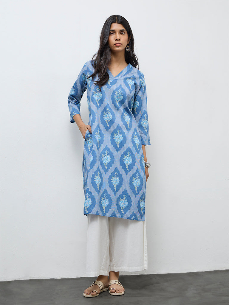 Utsa Blue Floral Printed Cotton Straight Kurta