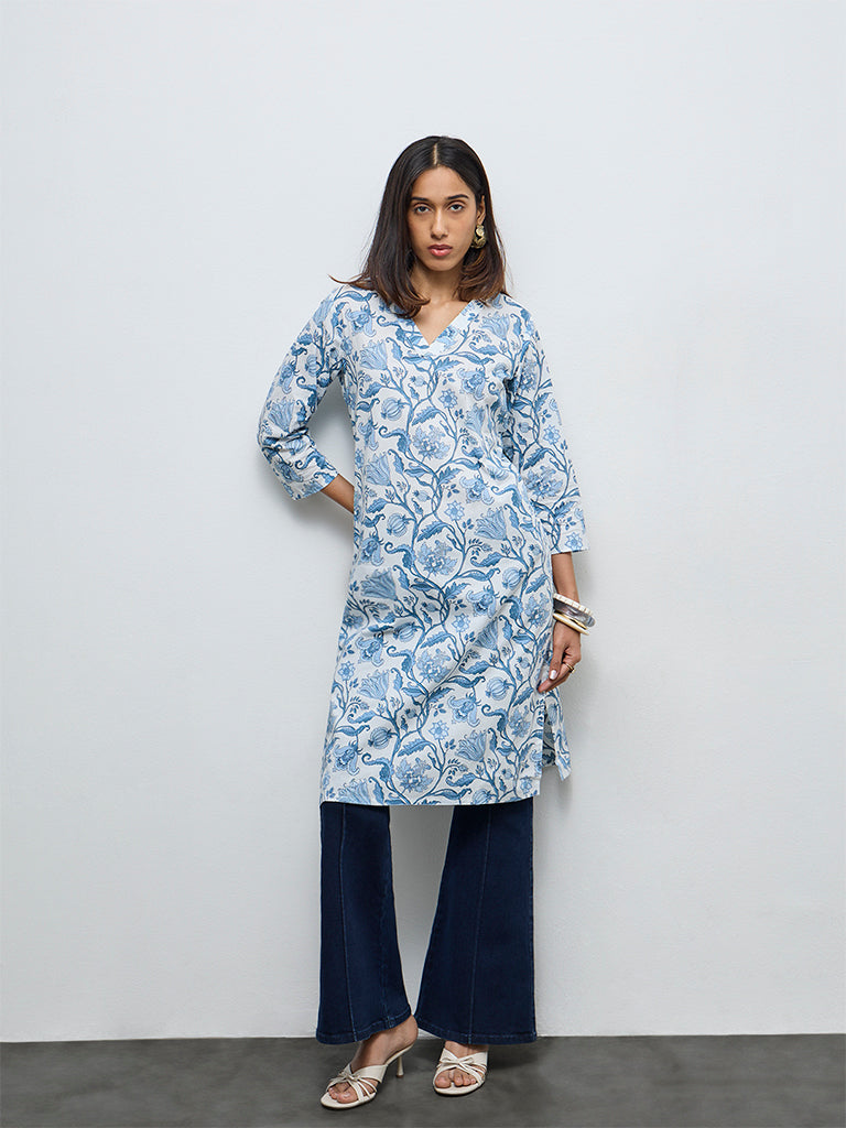 Utsa Light Blue Botanical Design Cotton Straight Kurta