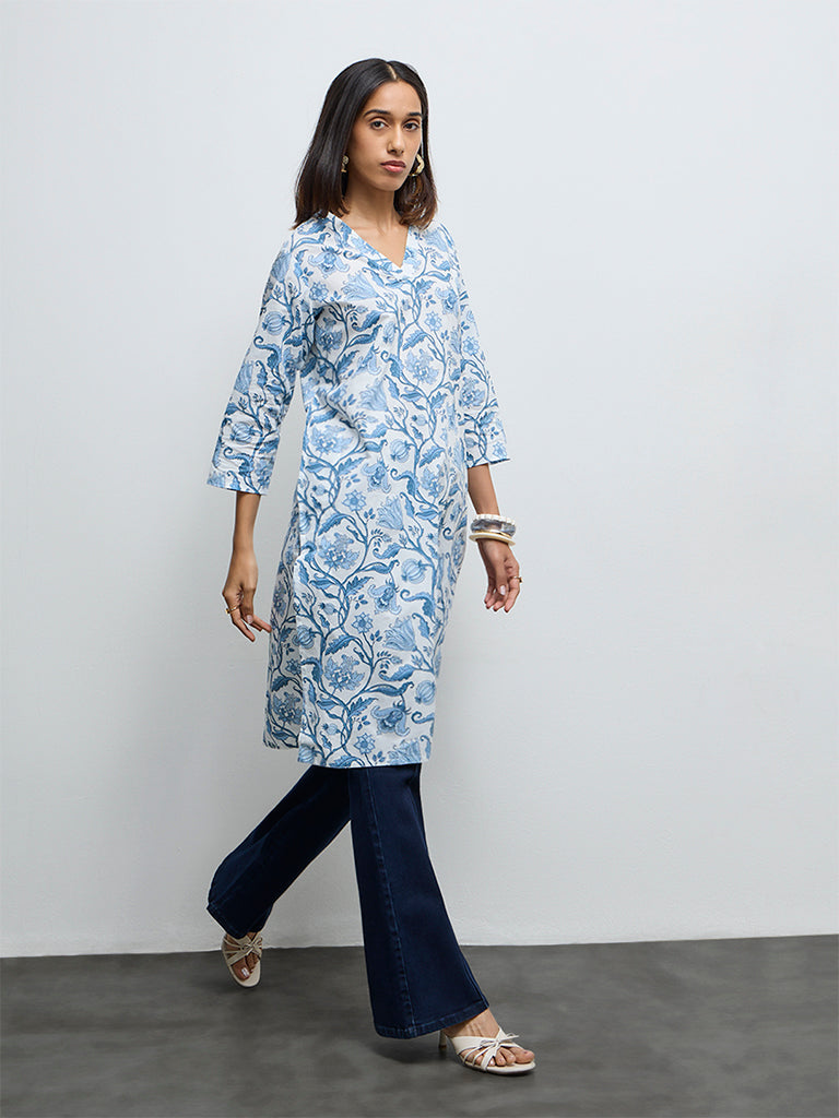 Utsa Light Blue Botanical Design Cotton Straight Kurta