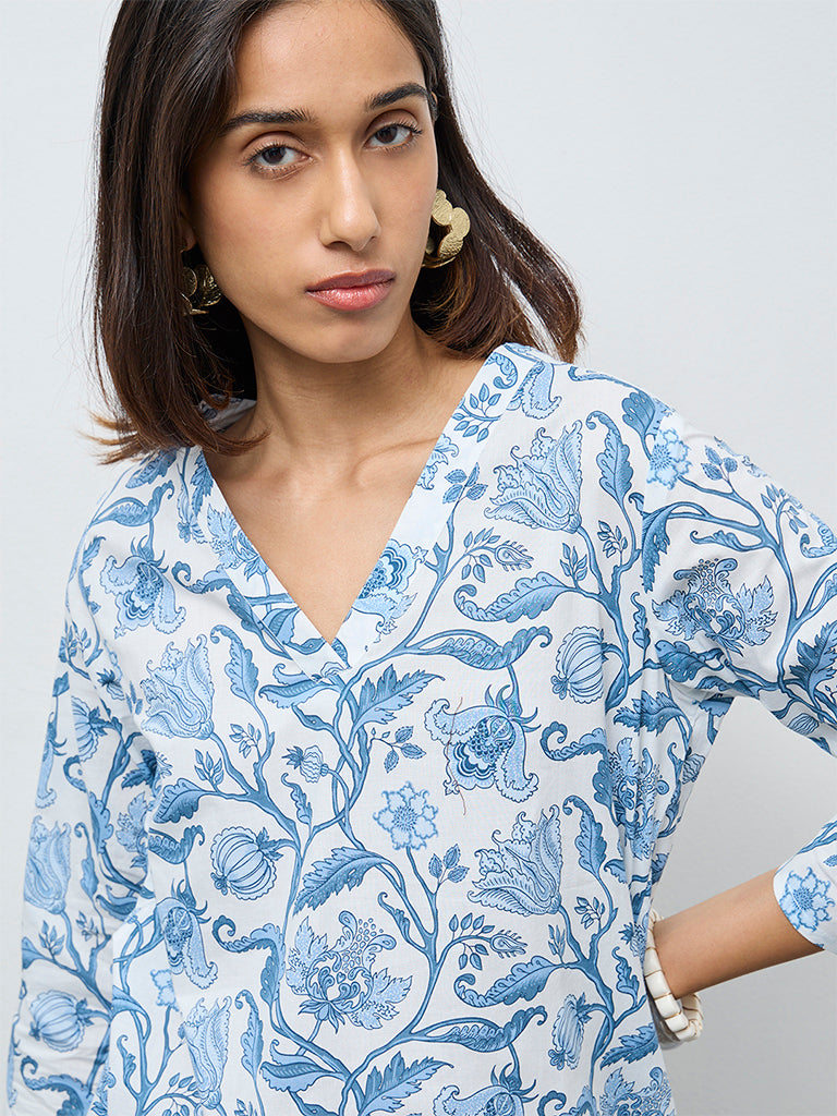Utsa Light Blue Botanical Design Cotton Straight Kurta