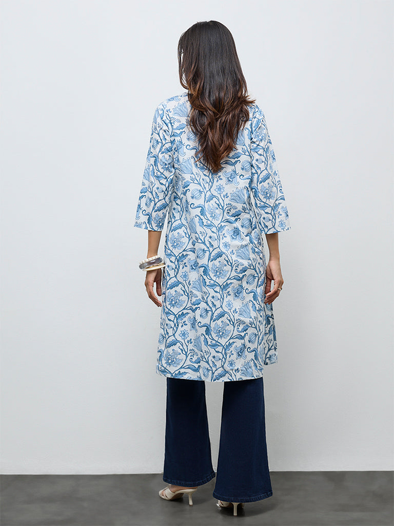 Utsa Light Blue Botanical Design Cotton Straight Kurta