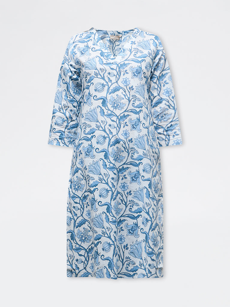 Utsa Light Blue Botanical Design Cotton Straight Kurta