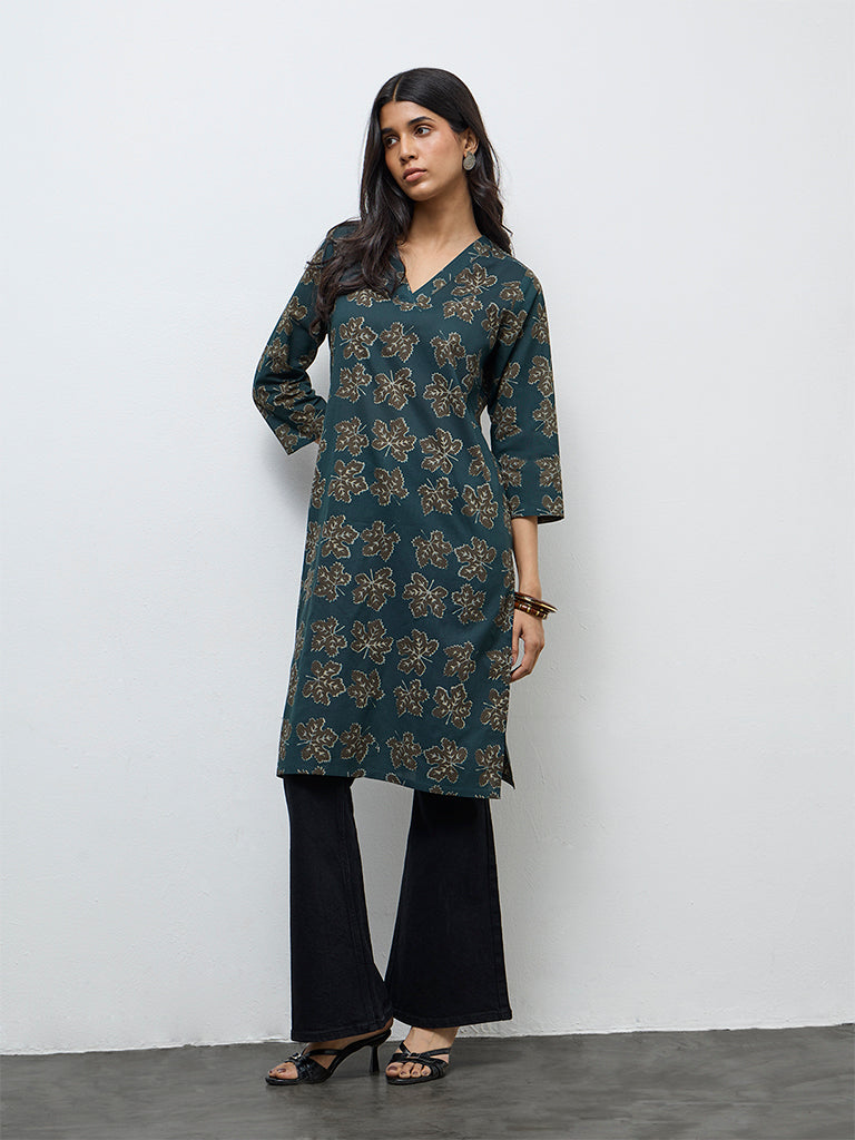 Utsa Green Botanical Printed Cotton Straight Kurta