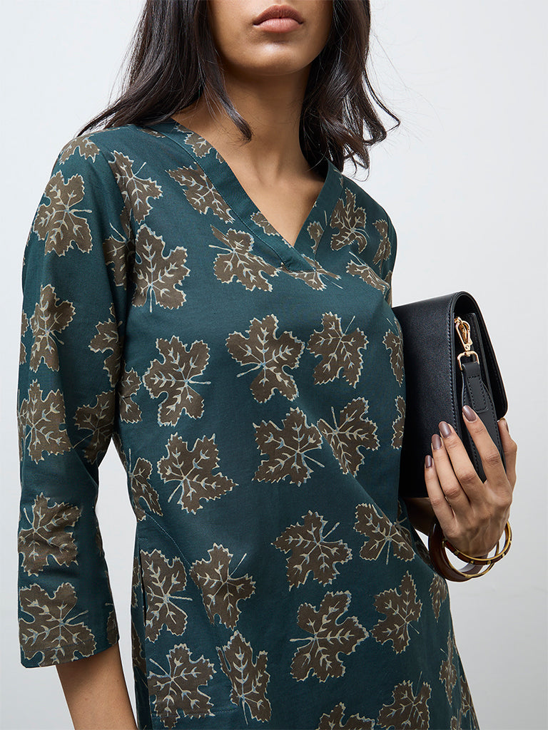 Utsa Green Botanical Printed Cotton Straight Kurta