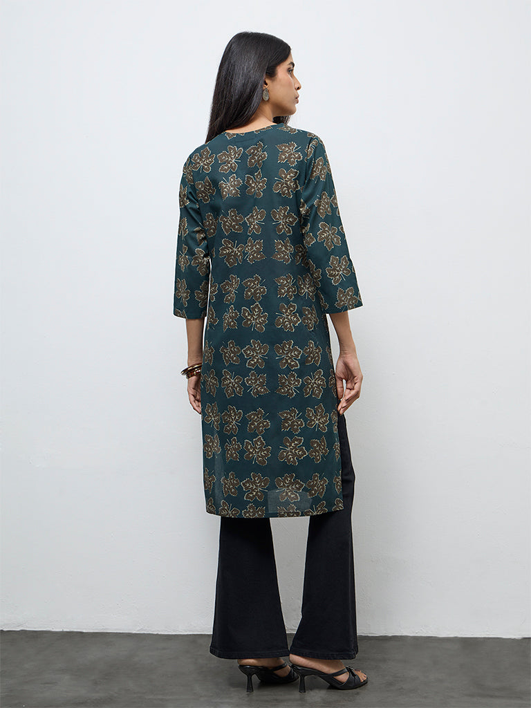 Utsa Green Botanical Printed Cotton Straight Kurta
