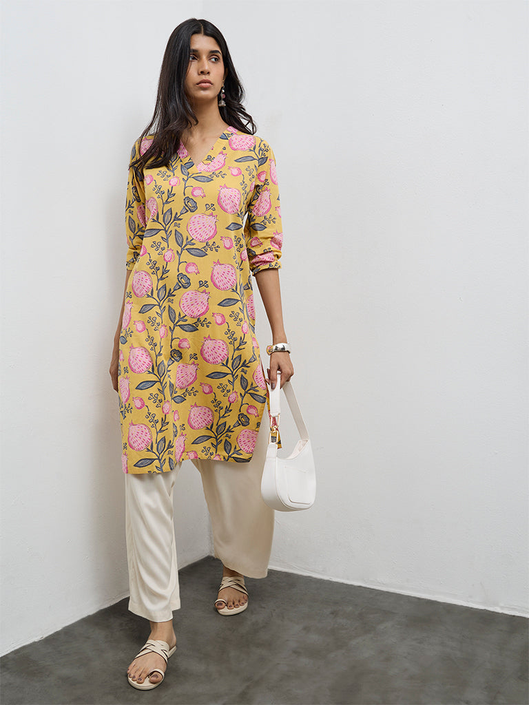 Utsa Yellow Anar Printed Cotton Straight Kurta
