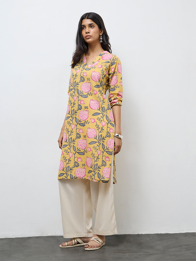 Utsa Yellow Anar Printed Cotton Straight Kurta