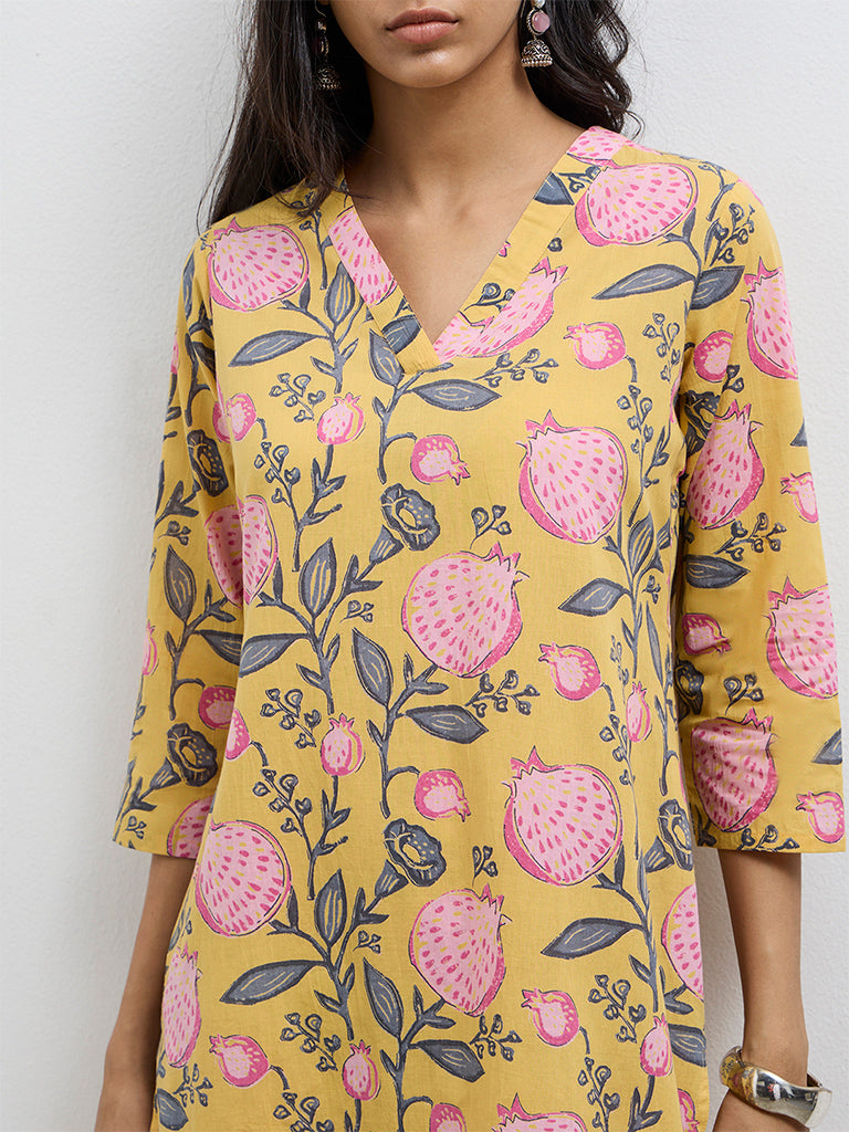 Utsa Yellow Anar Printed Cotton Straight Kurta