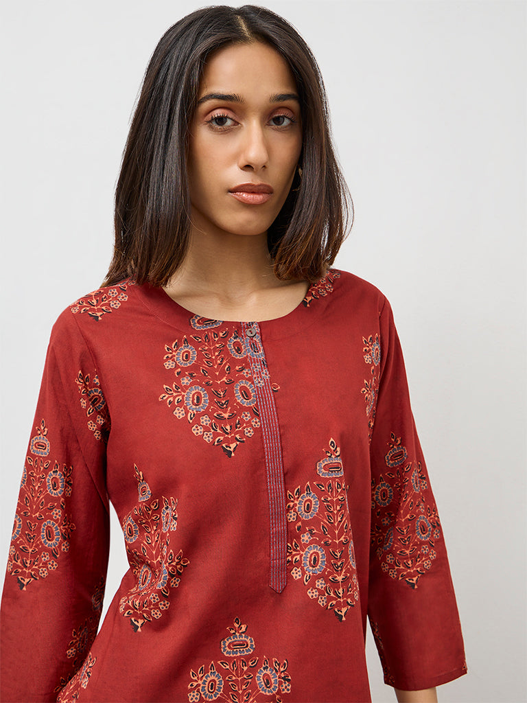 Utsa Maroon Botanical Design Cotton Straight Kurta