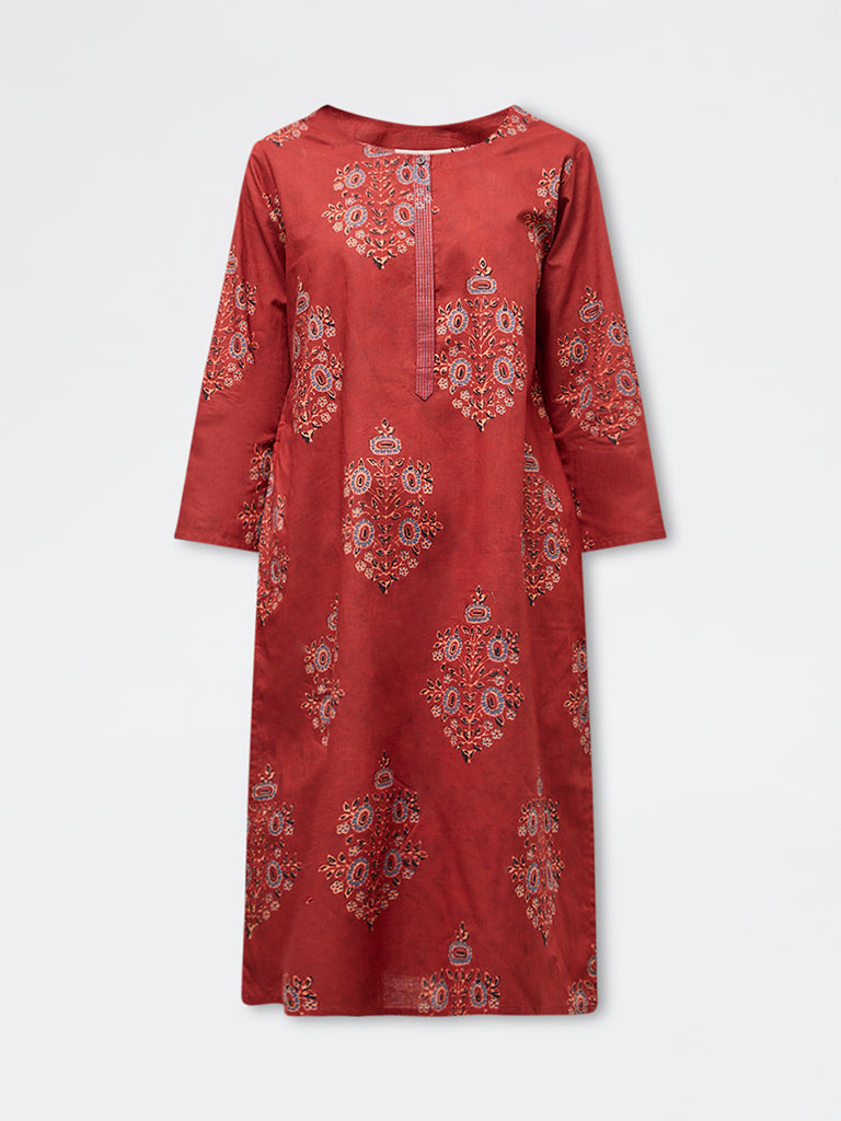Utsa Maroon Botanical Design Cotton Straight Kurta