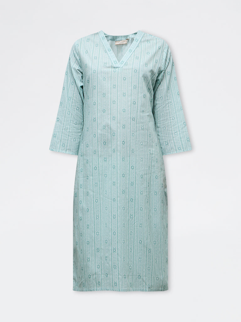 Utsa Mint Leaf Printed Cotton Straight Kurta