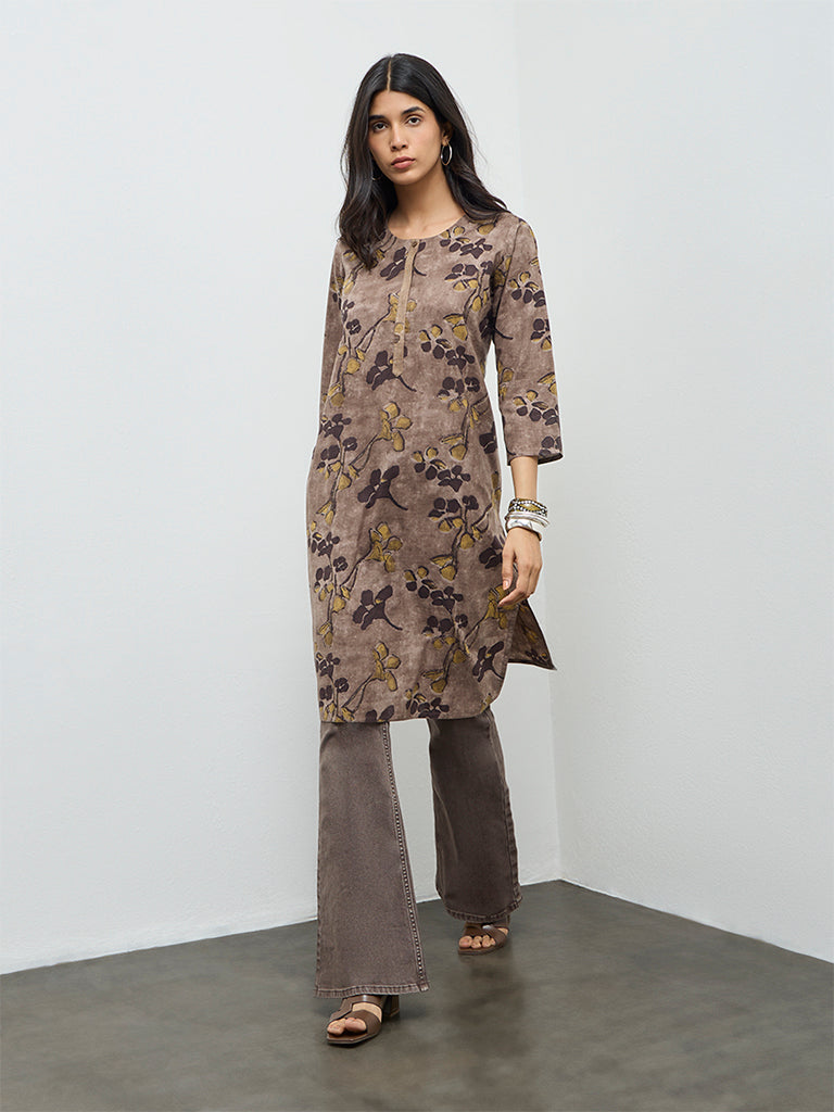 Utsa Taupe Batik Leaf Design Cotton Straight Kurta