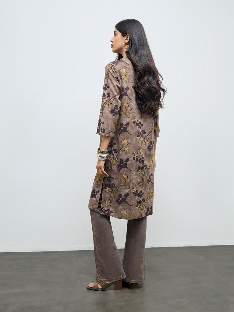 Utsa Taupe Batik Leaf Design Cotton Straight Kurta