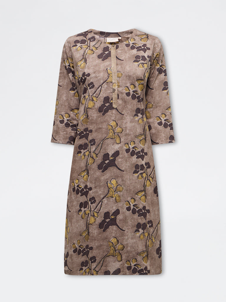 Utsa Taupe Batik Leaf Design Cotton Straight Kurta