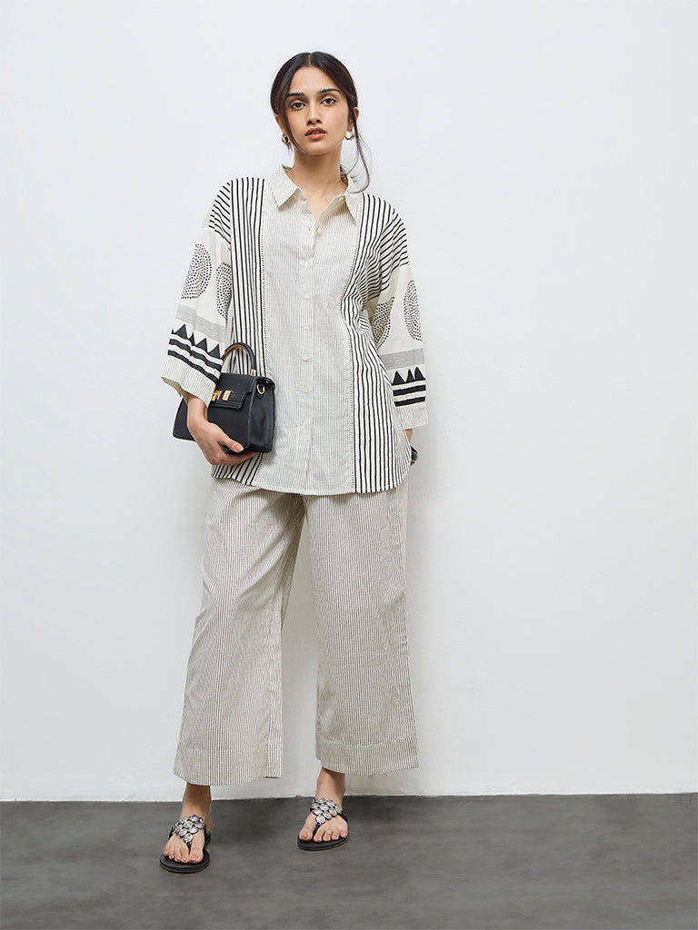 Utsa Off-White Striped Cotton Ethnic Pants