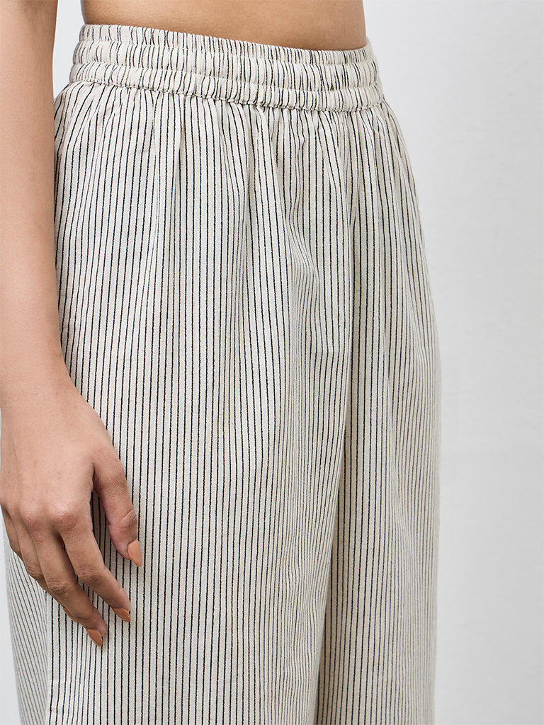 Utsa Off-White Striped Cotton Ethnic Pants