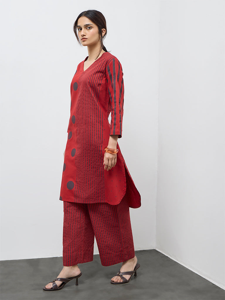 Utsa Red Printed Cotton-Blend A-Line Kurta