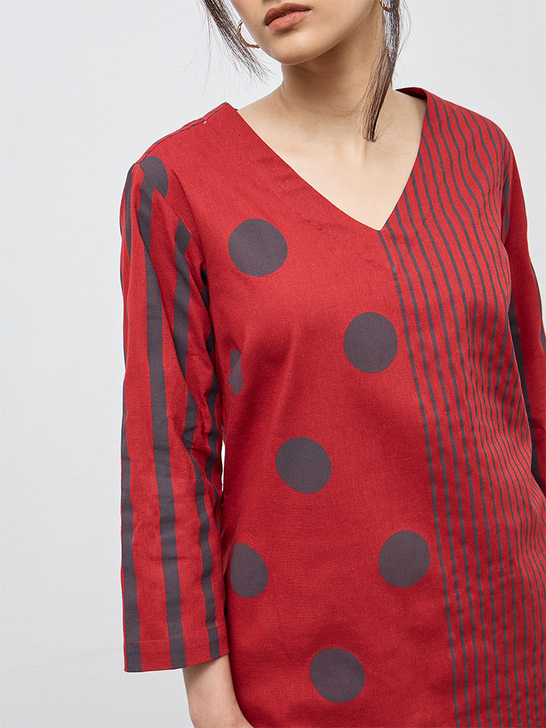 Utsa Red Printed Cotton-Blend A-Line Kurta