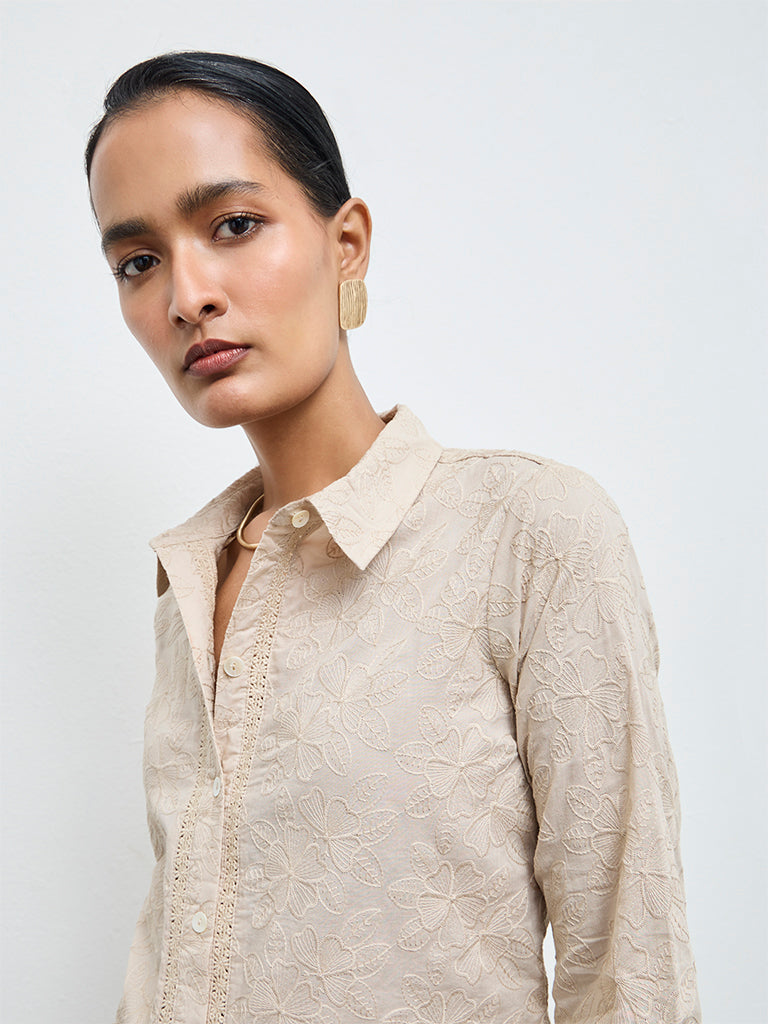 Zuba Beige Floral Embroidered Cotton Tunic