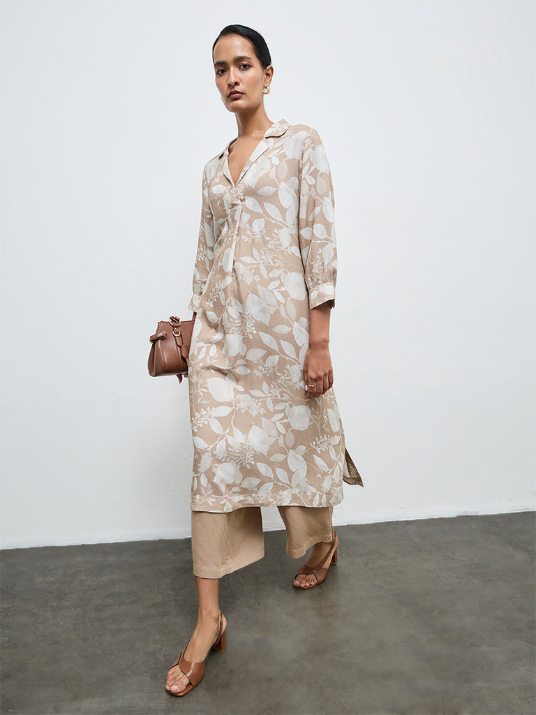 Zuba Beige Floral A-Line Kurta