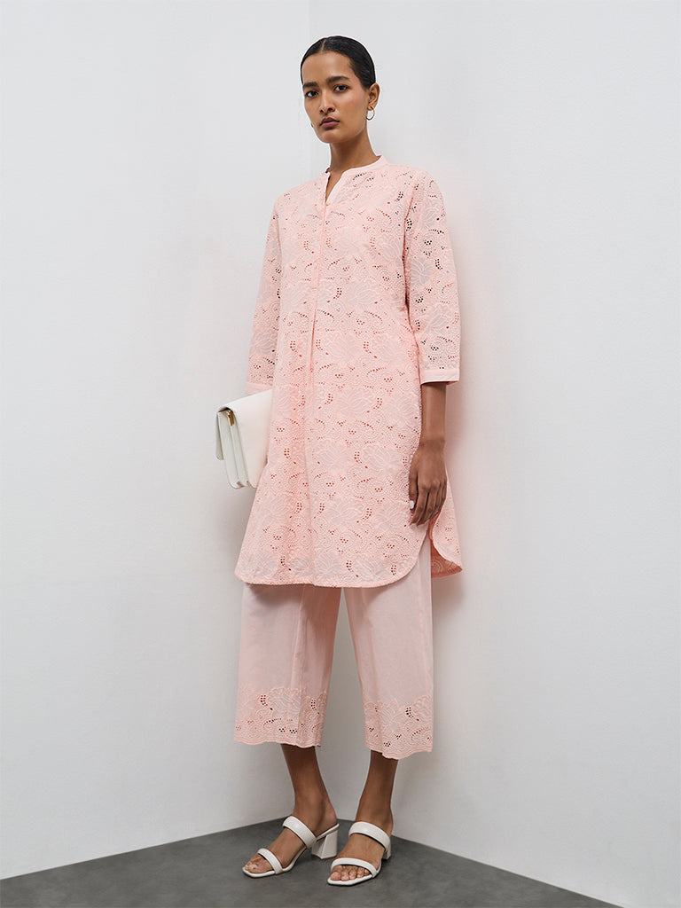 Zuba Peach Floral Embroidered Pants
