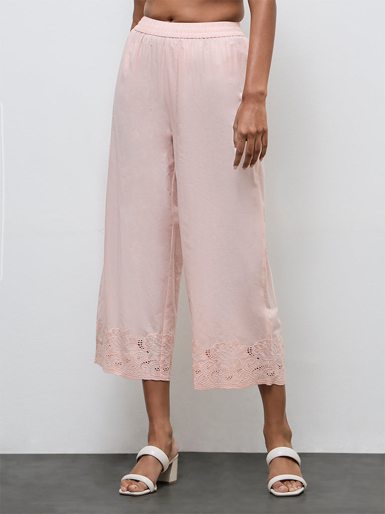 Zuba Peach Floral Embroidered Pants
