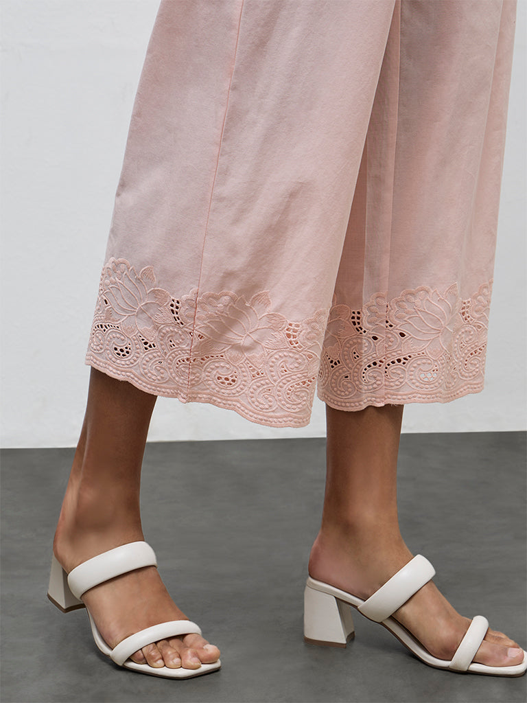 Zuba Peach Floral Embroidered Pants