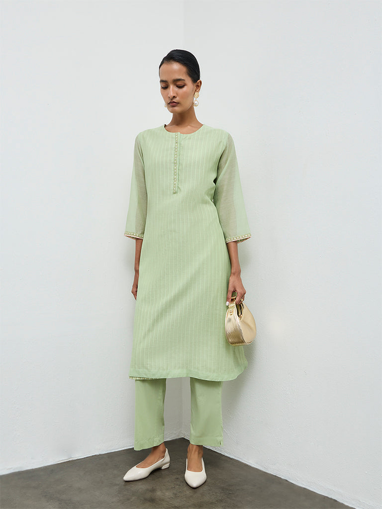 Zuba Green Cotton-Blend A-Line Kurta