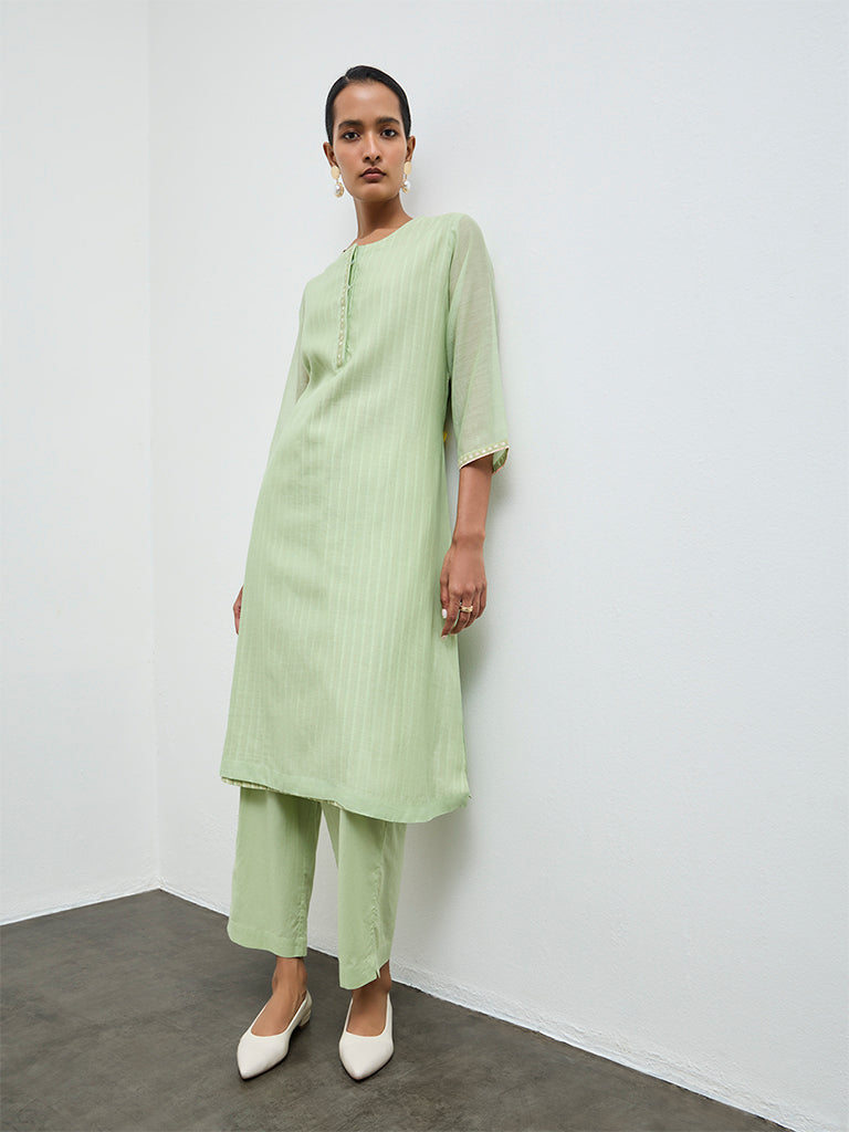 Zuba Green Cotton-Blend A-Line Kurta