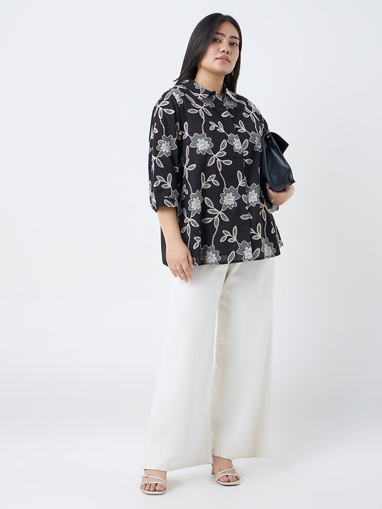 Gia Black Foliage Embroidered Cotton Blouse
