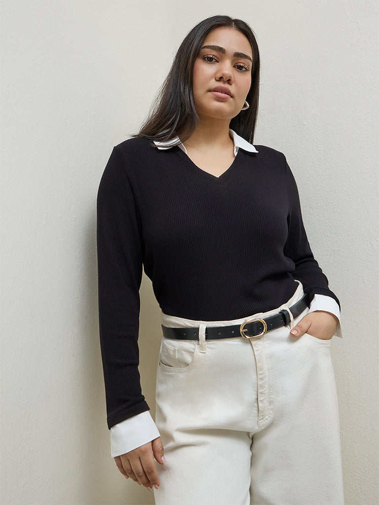 Gia Black Ribbed-Textured T-Shirt