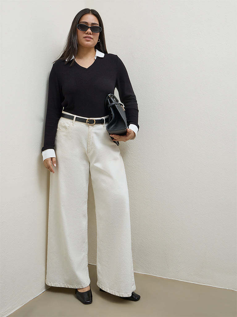 Gia Black Ribbed-Textured T-Shirt