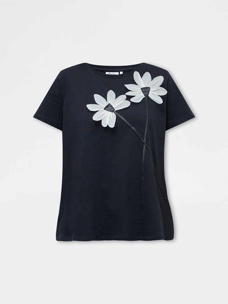 Gia Black Floral Embroidered Cotton T-Shirt