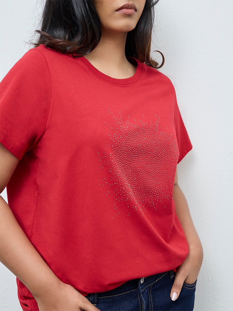 Gia Red Embellished Cotton T-Shirt