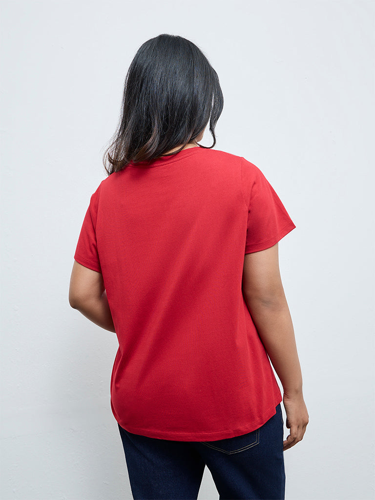 Gia Red Embellished Cotton T-Shirt