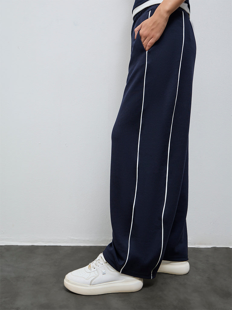 Nuoflexx Navy Stripe Detailed High-Rise Track Pants