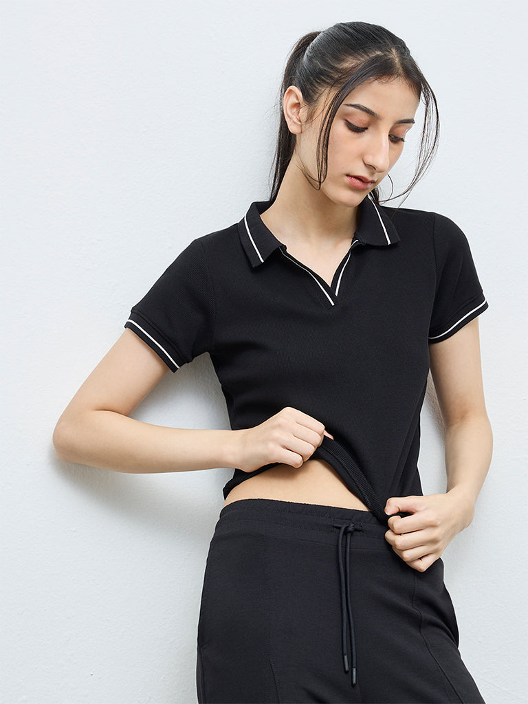 Nuoflexx Black Ribbed Textured Cotton-Blend T-Shirt
