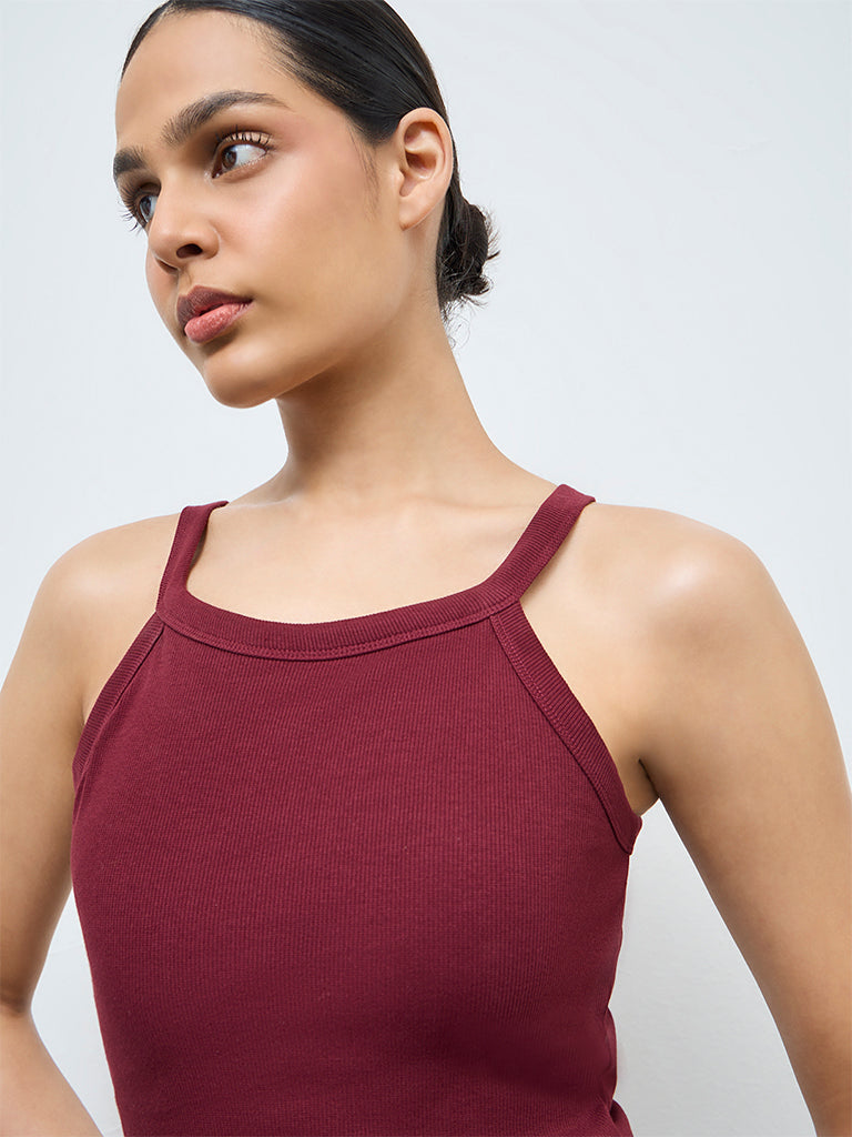 Buy Nuoflexx Burgundy Textured Cotton-Blend Tank Top from Westside