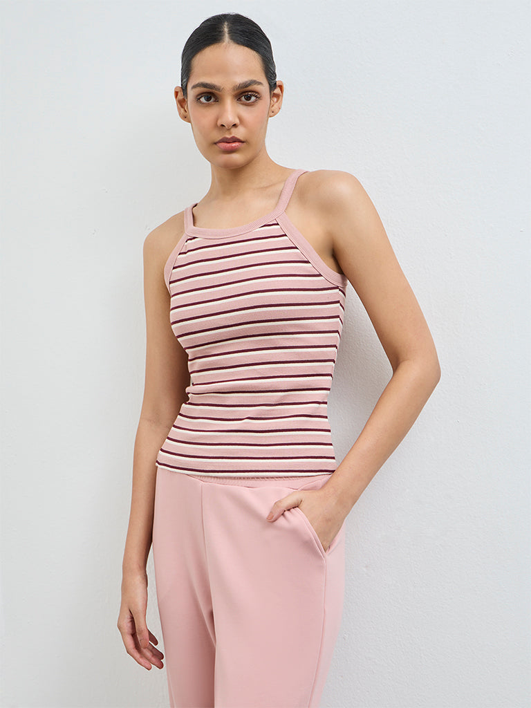Nuoflexx Dusty Pink Striped Cotton-Blend Tank Top