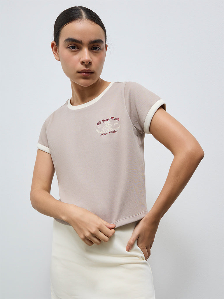 Nuoflexx Taupe Typographic Cotton-Blend T-Shirt