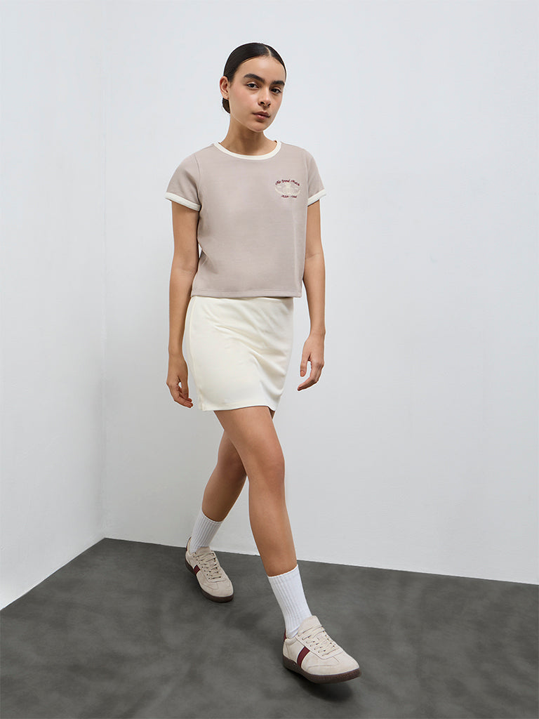 Nuoflexx Taupe Typographic Cotton-Blend T-Shirt