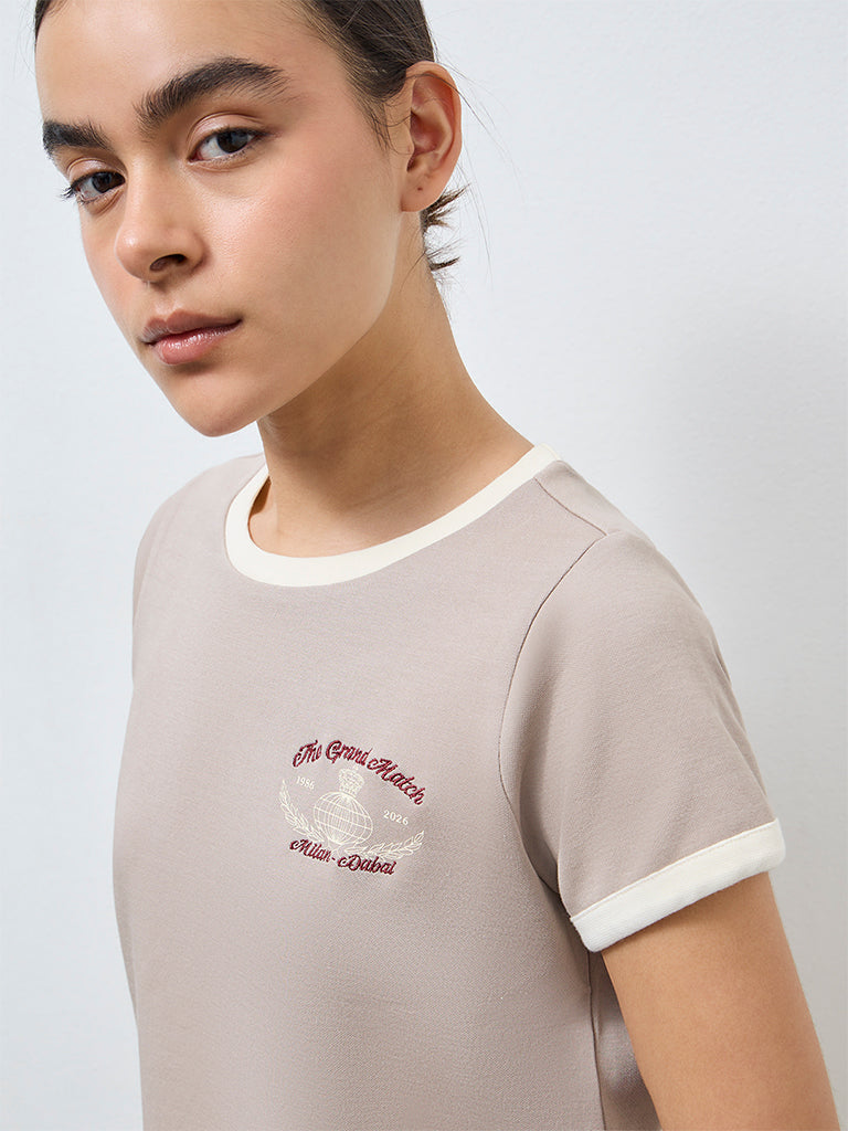 Nuoflexx Taupe Typographic Cotton-Blend T-Shirt
