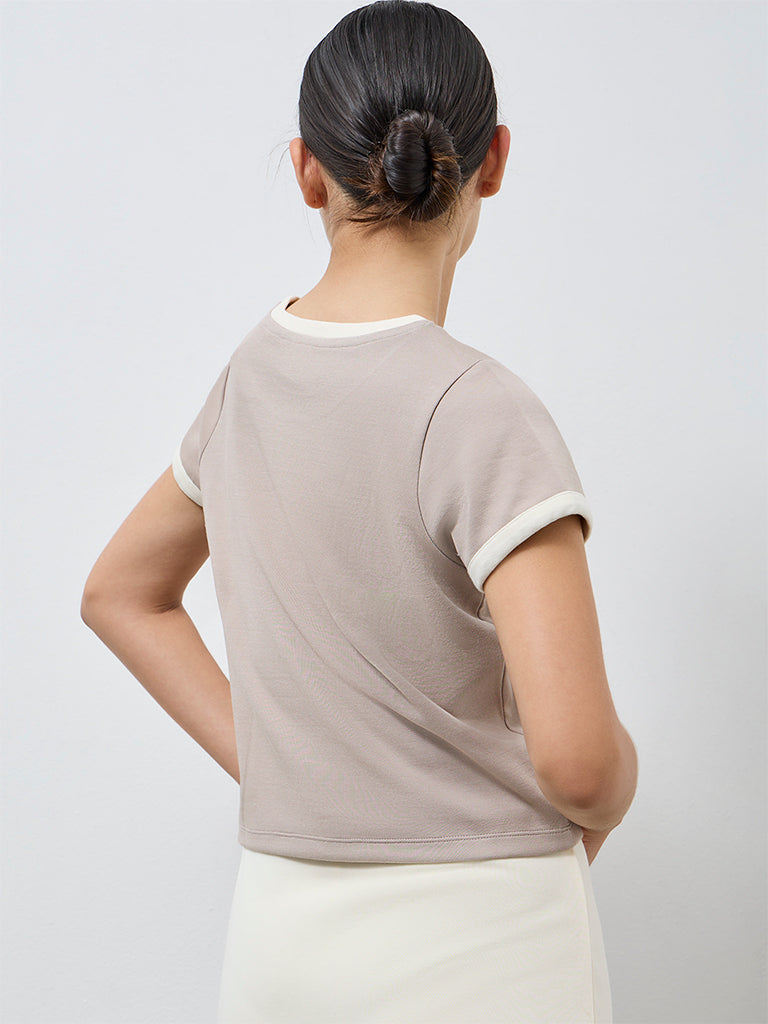 Nuoflexx Taupe Typographic Cotton-Blend T-Shirt