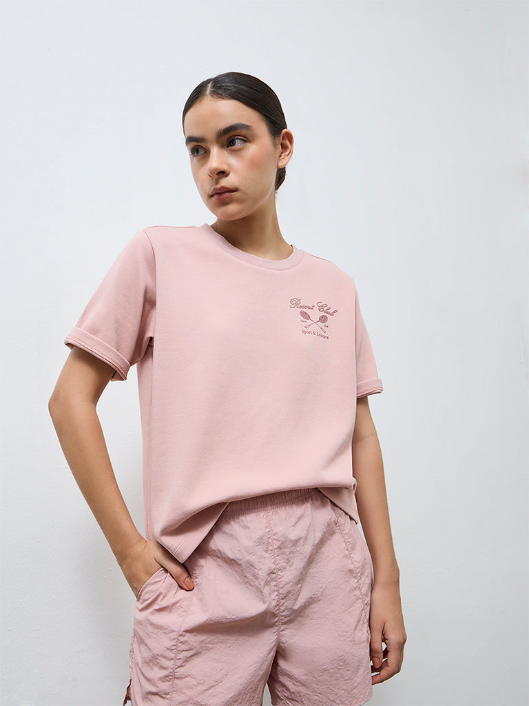 Nuoflexx Dusty Pink Printed Cotton-Blend T-Shirt