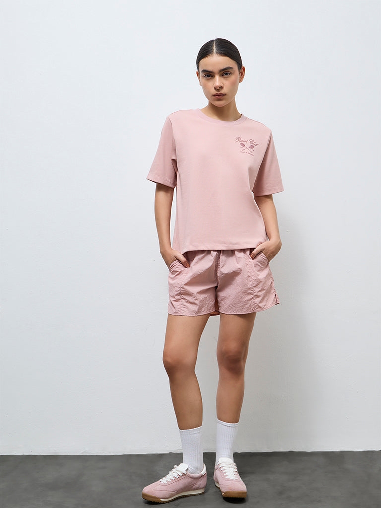 Nuoflexx Dusty Pink Printed Cotton-Blend T-Shirt
